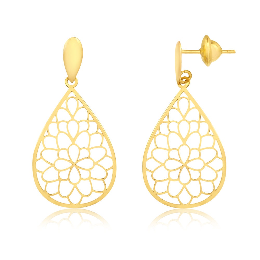 Mandala Teardrop 18k Solid Yellow Gold | Drop Dangle Earrings for Women