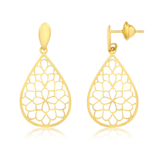 Mandala Teardrop 18k Solid Yellow Gold | Drop Dangle Earrings for Women