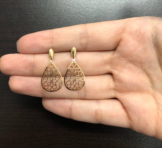 Mandala Teardrop 18k Solid Yellow Gold | Drop Dangle Earrings for Women