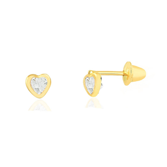 18k Solid Yellow Gold Heart White Cubic Zirconia Push Backs Stud Earrings for Infants and Toddlers