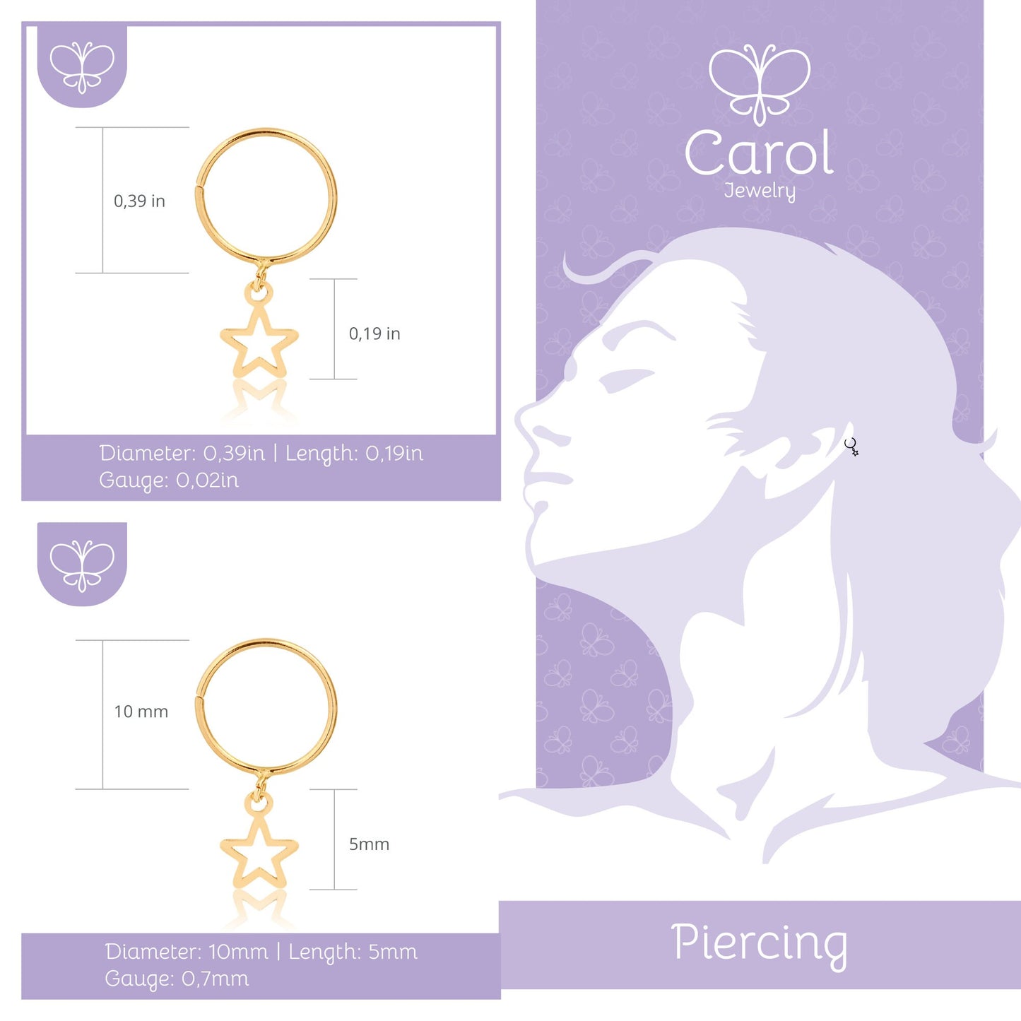 18k Solid Yellow Gold Star Dangle Hoop Piercing Cartilage Ring – Women
