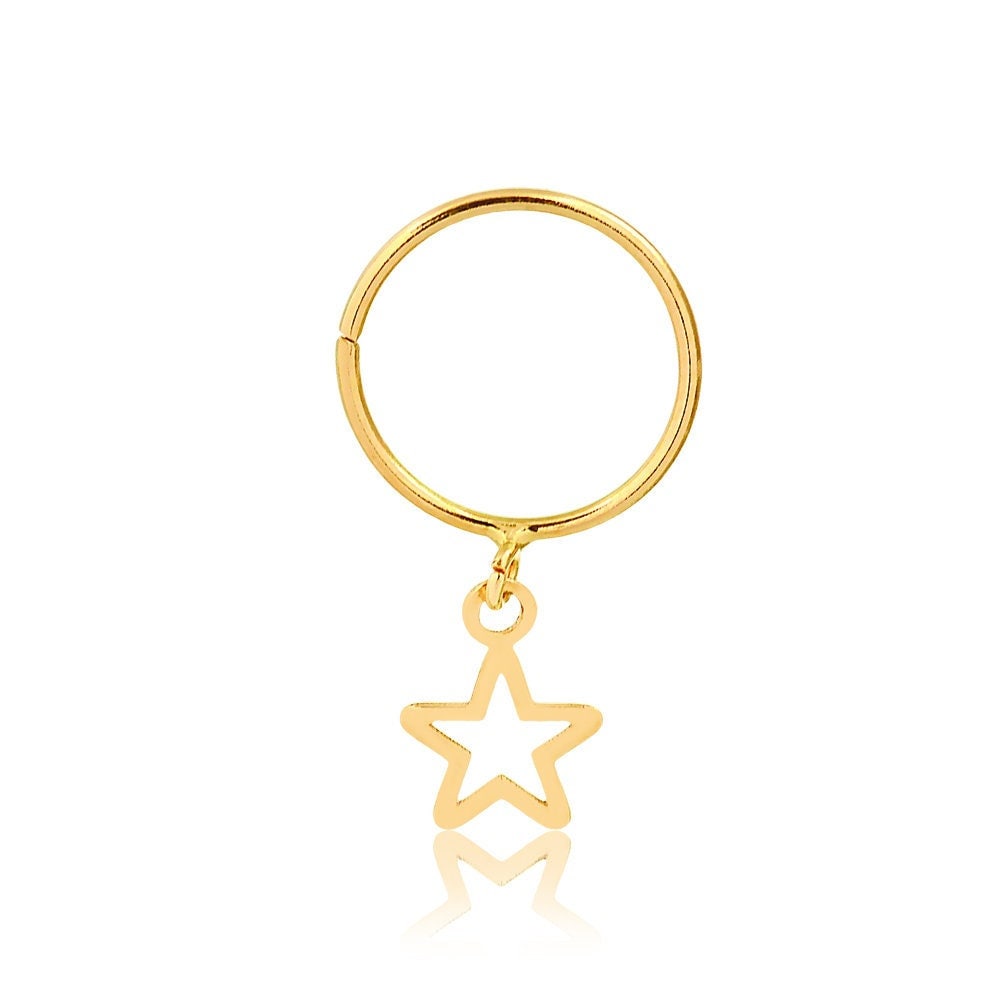 18k Solid Yellow Gold Star Dangle Hoop Piercing Cartilage Ring – Women