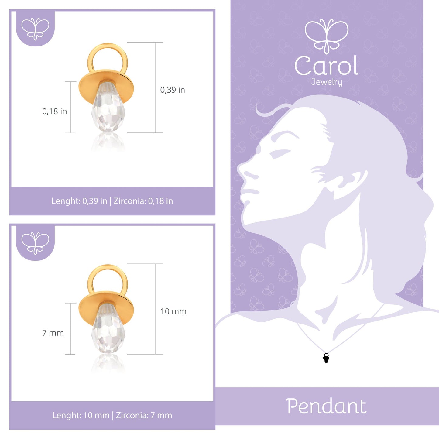 14k Solid Yellow Gold Baby Pacifier CZ Pendant – Necklace Women’s Gift