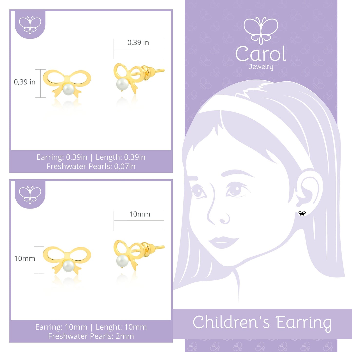 Bow with Pearl 18K Solid Yellow Gold Earrings | Tie w/ Freshwater Pearl, Push Back Stud Earrings for Infants and Toddlers