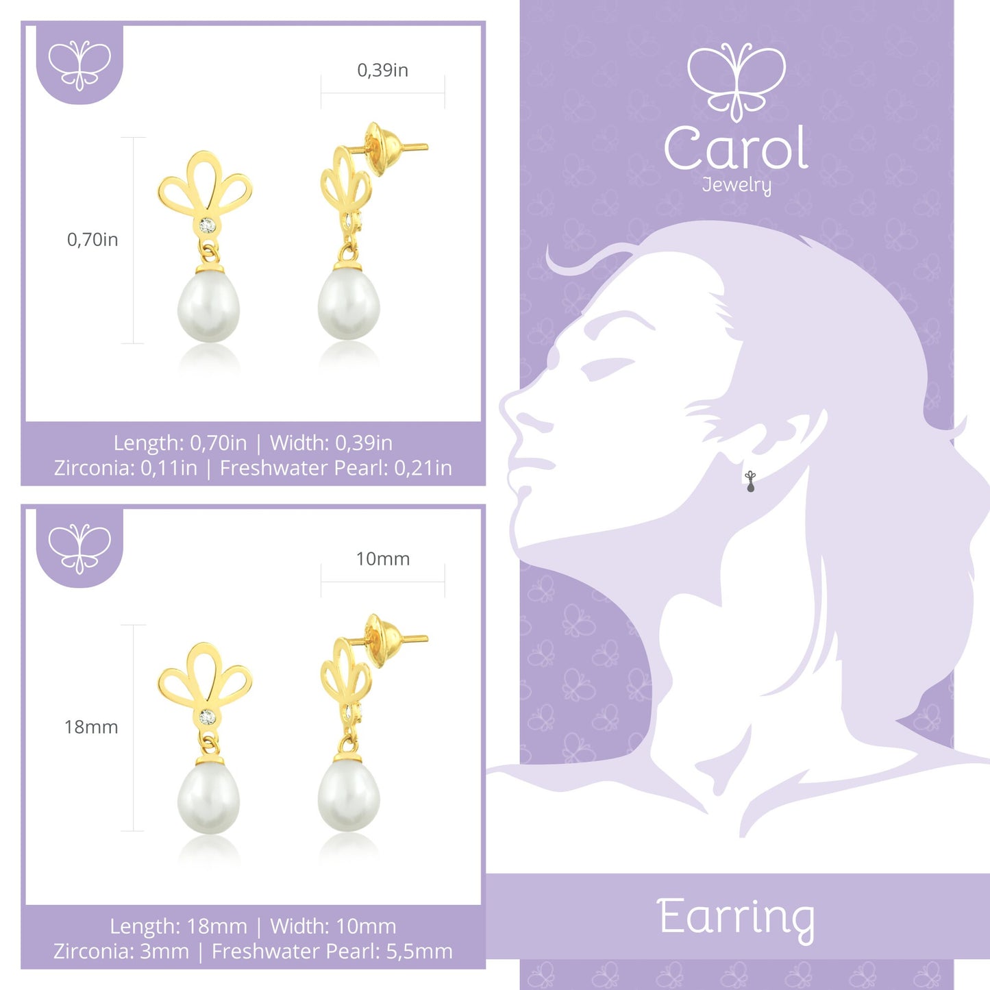 Drop Freshwater White Pearl 5.5 mm 18K Solid Gold CZ Cubic Zirconia| Drop Stud Earring for Girls and Women