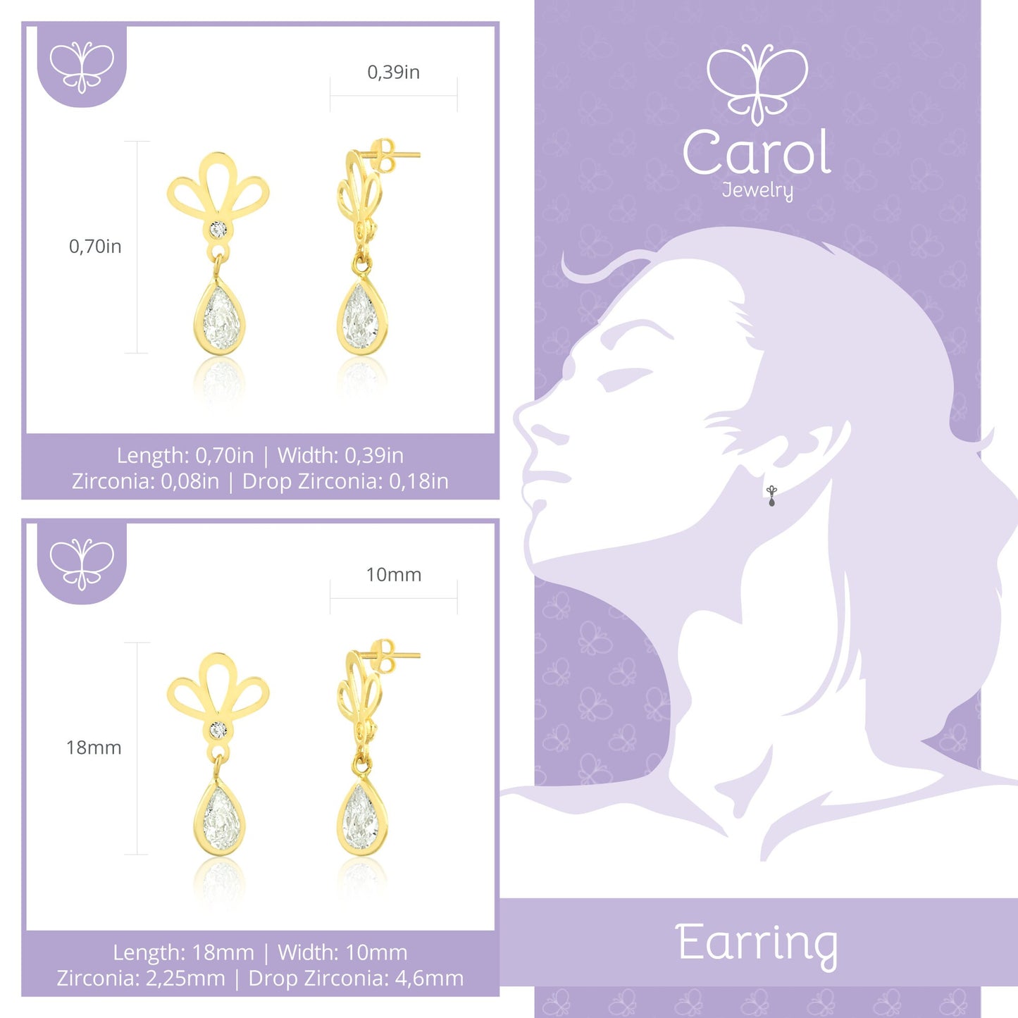 Floral Drop Cubic Zirconia CZ 18k Solid Gold | Butterfly Back Stud Earrings for Girls and Women