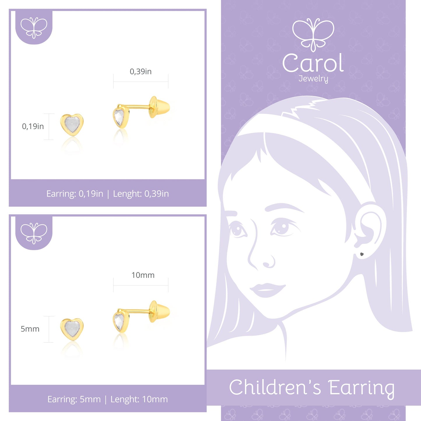 18k Solid Yellow Gold Heart White Cubic Zirconia Push Backs Stud Earrings for Infants and Toddlers