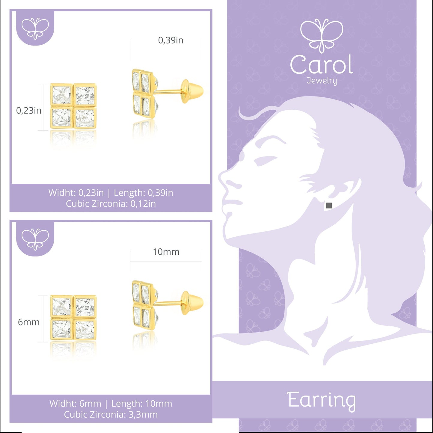 Squared CZ 18k Solid Yellow Gold Earrings | Zircon Stud for Girls and Women
