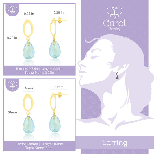 18K Solid Yellow Gold Blue Topaz Drop Earrings Natural Gemstone Dangle Studs with Safety Back Elegant Gift for Women