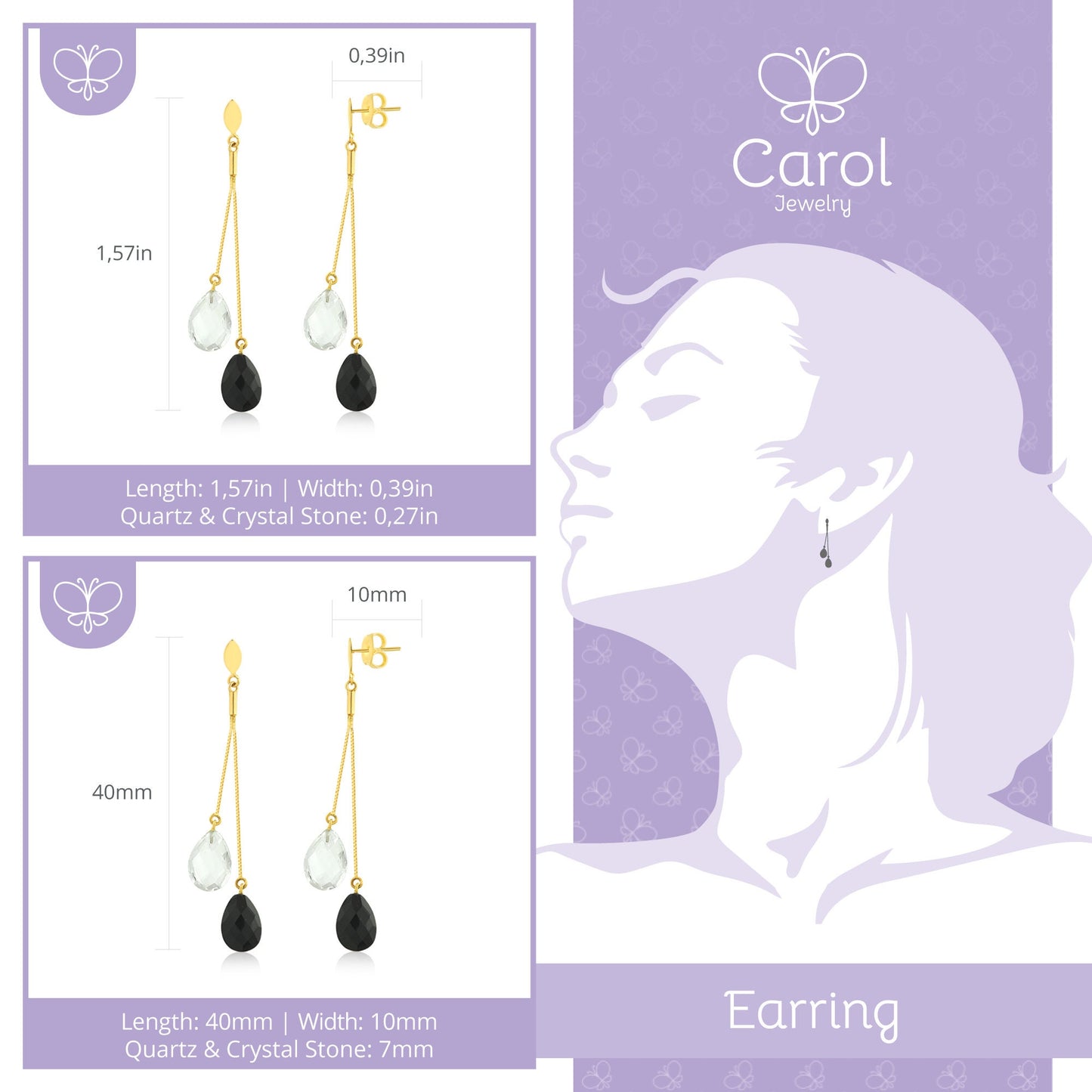 Quartz and Crystal 18k Solid Yellow Gold | Natural Black Drop Dangle Earrings for Women