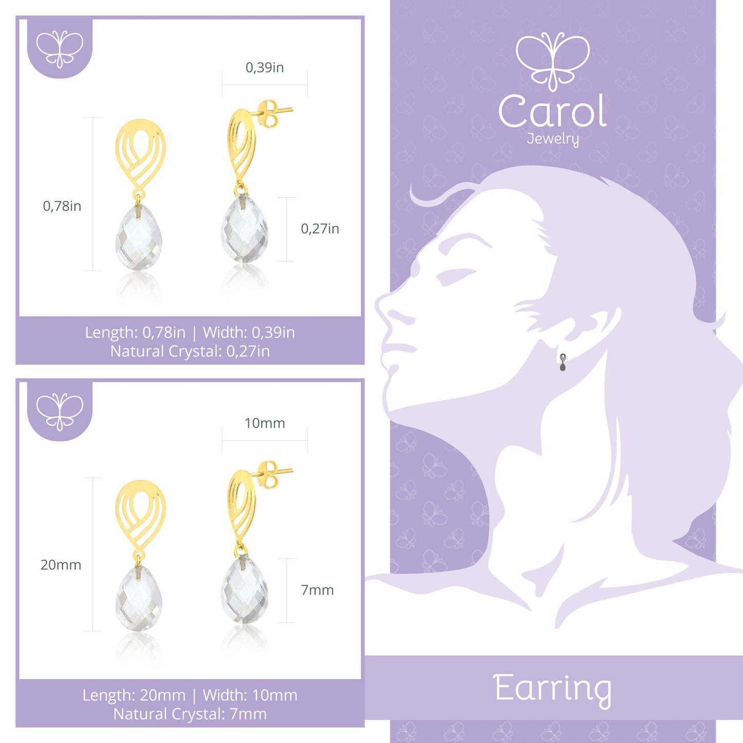 Gift for Her - 18k Solid Gold Drop Natural Crystal Stone Drop Dangle Earrings for Women - Birthday Gift