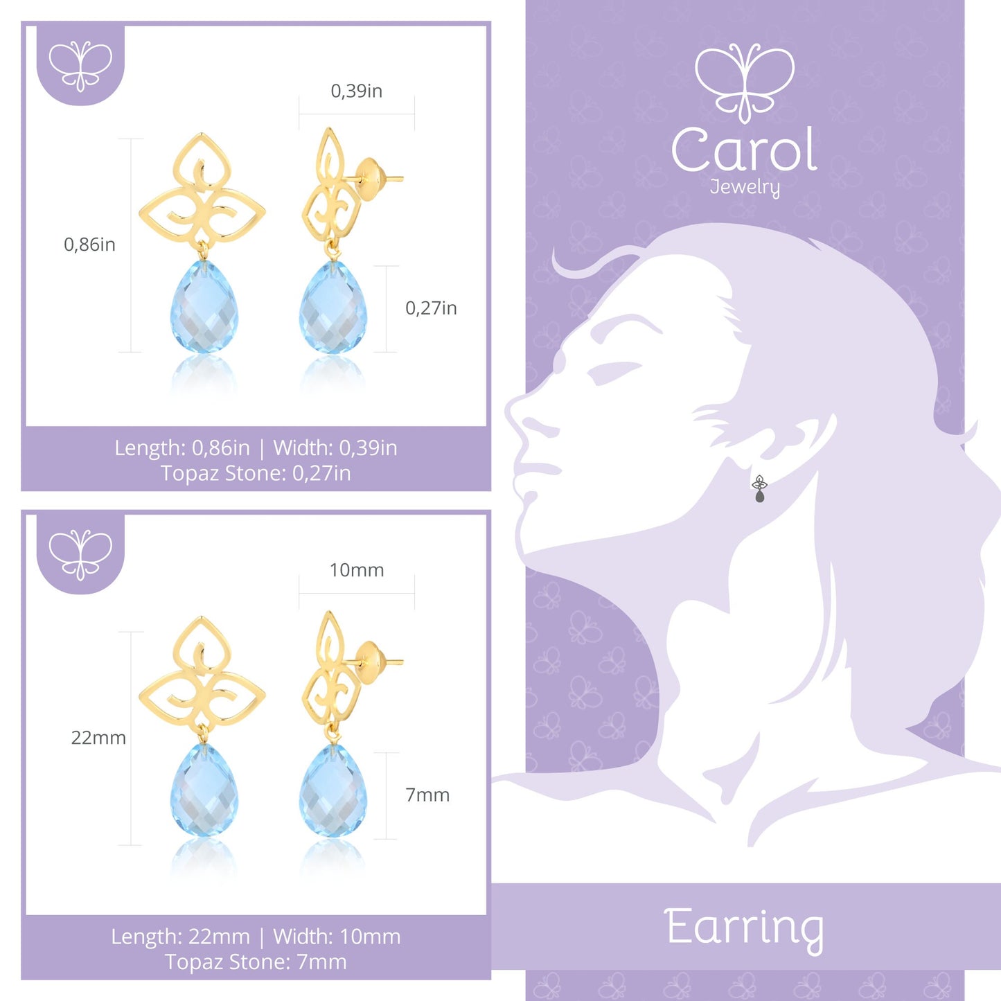 Topaz 18k Solid Yellow Gold | Triple Heart Natural Gemstone Drop Dangle Earrings for Women