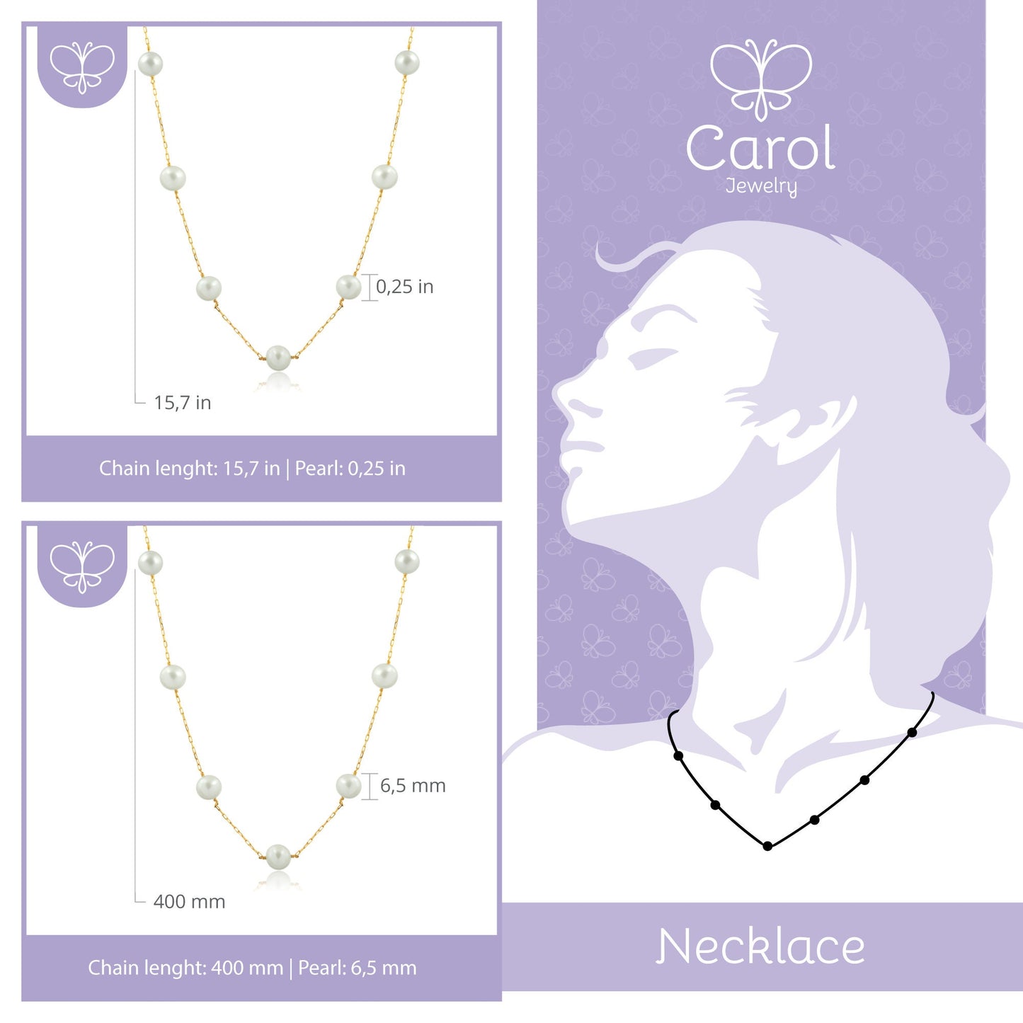 18k Solid Yellow Gold Freshwater White Pearls 6.5 mm Necklace for Women