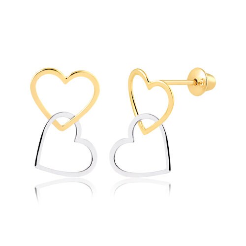 Gold Double Heart 18K Solid Yellow Push Backs Stud Earrings for Woman, Teens, Babies, Infants and Toddlers