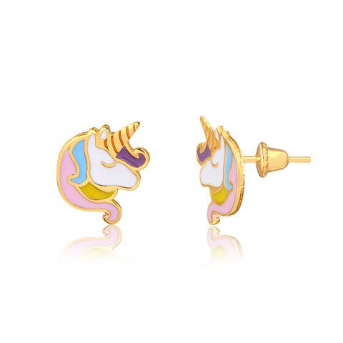 Unicorn 18k Solid Yellow Gold Enamel/Resin Push Backs Stud Earrings for Toddlers and Children