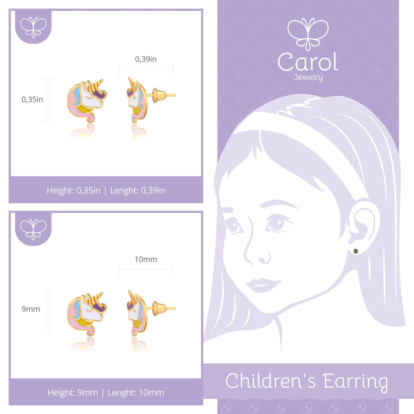 Unicorn 18k Solid Yellow Gold Enamel/Resin Push Backs Stud Earrings for Toddlers and Children