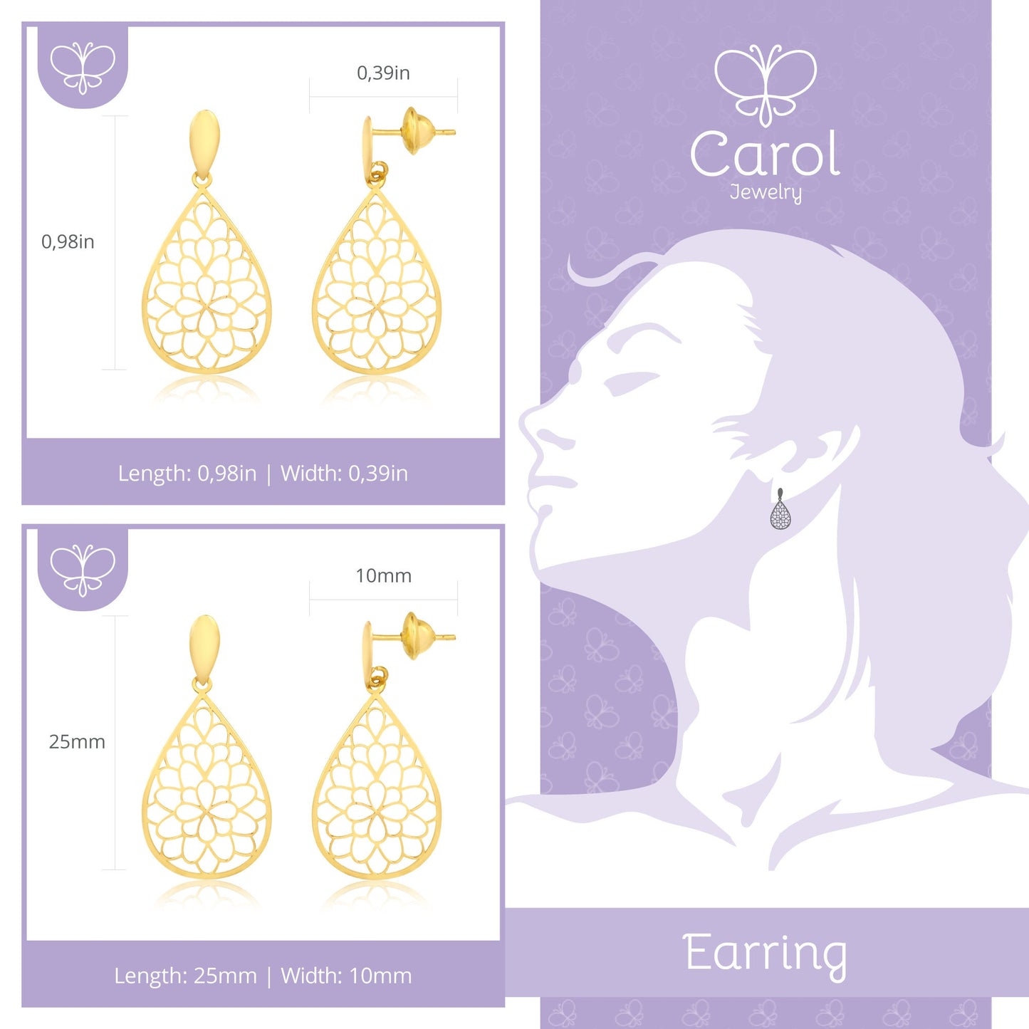 Mandala Teardrop 18k Solid Yellow Gold | Drop Dangle Earrings for Women
