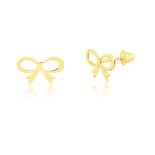 Bow Ribbon 18k Solid Yellow Gold Earrings | Tie, Push Back Stud Earrings for Infants and Toddlers