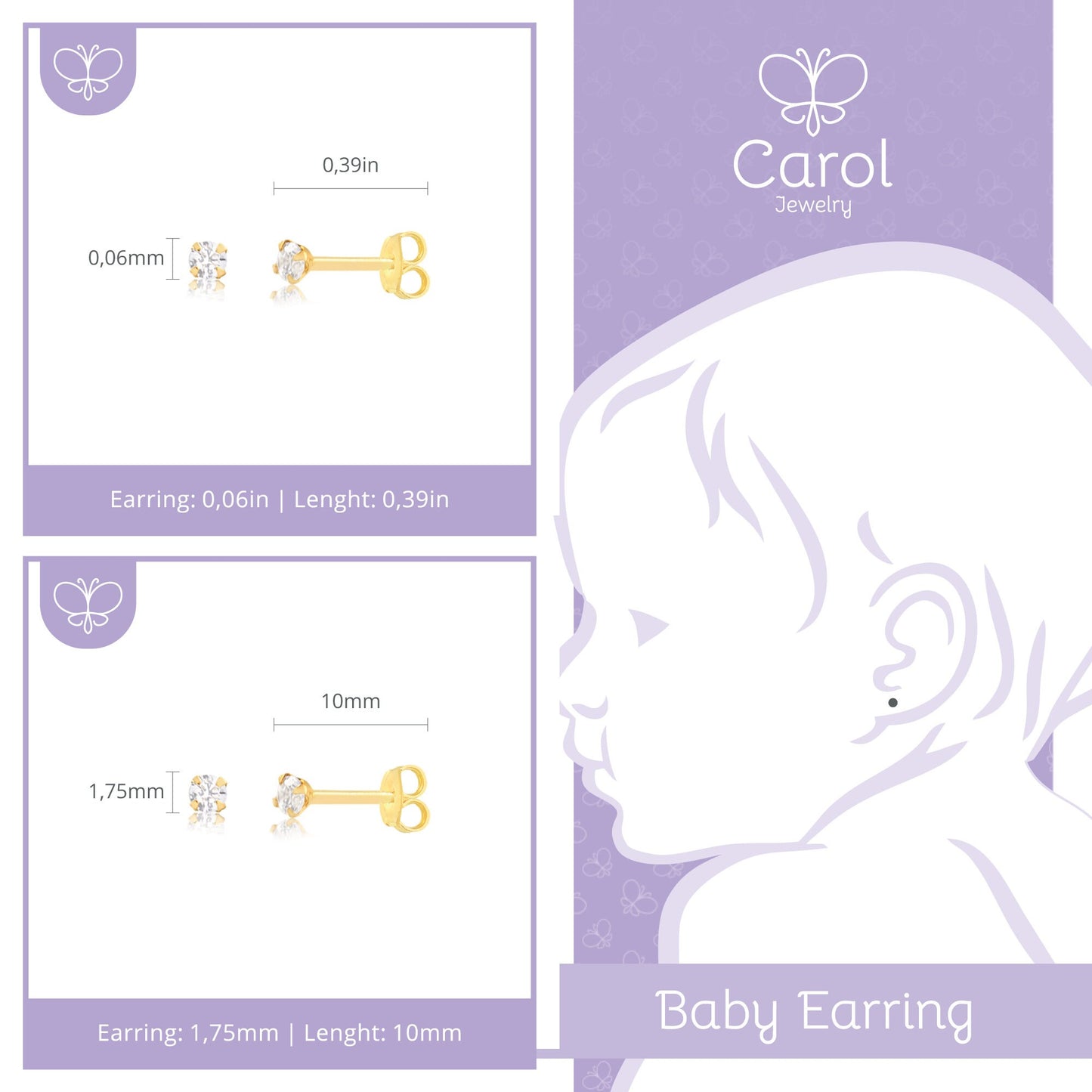 Cubic Zircon/Zirconia 1.75 mm 14k Solid Yellow Gold Butterfly Backs Stud Earrings for Babies and Newborn