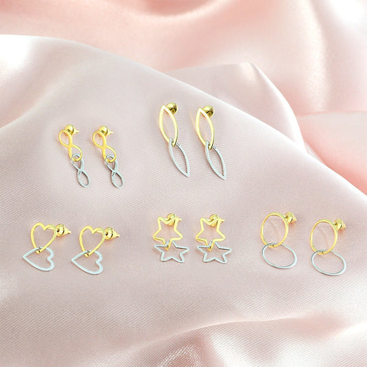 Gold Double Heart 18K Solid Yellow Push Backs Stud Earrings