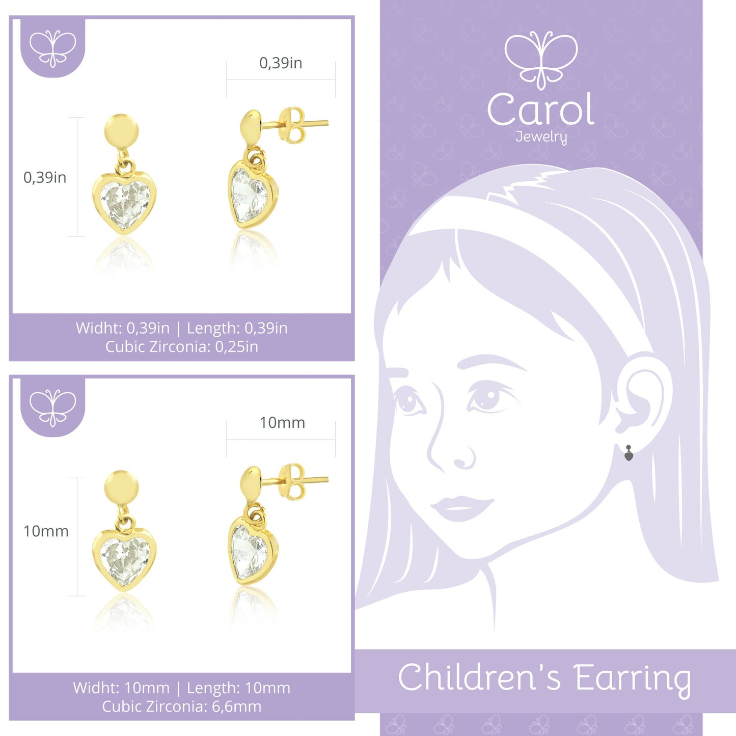 Cubic Zirconia  Heart 18k Solid Yellow Gold Earrings | CZ Drop Heart Stud for Children