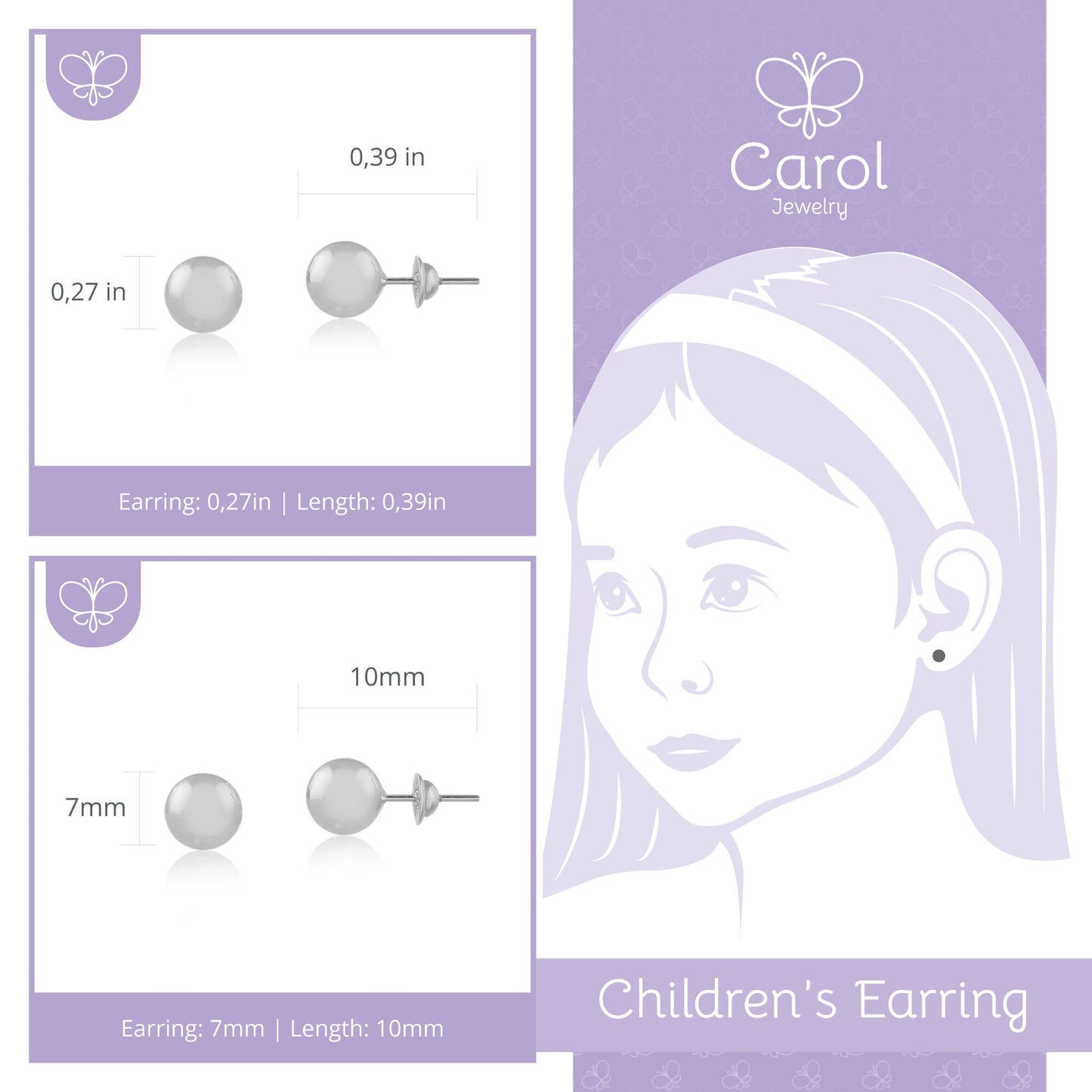 7 mm Gold Ball 18k Solid White Gold | Push Backs Stud Earrings for Babies, Children and Infants