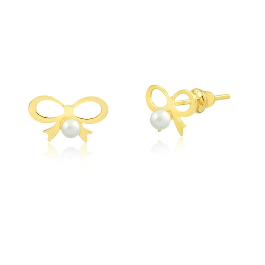 Bow with Pearl 18K Solid Yellow Gold Earrings | Tie w/ Freshwater Pearl, Push Back Stud Earrings for Infants and Toddlers
