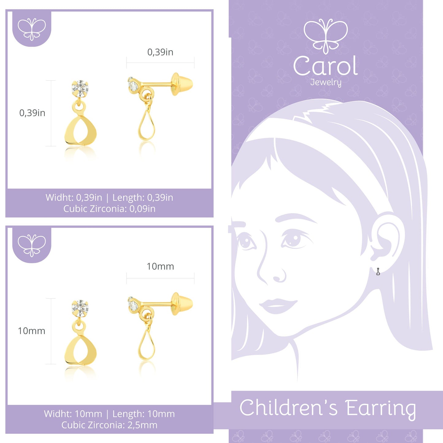 Circle Drop CZ 18k Solid Yellow Gold Earrings | Cubic Zirconia Push Backs Stud for Infants and Toddlers