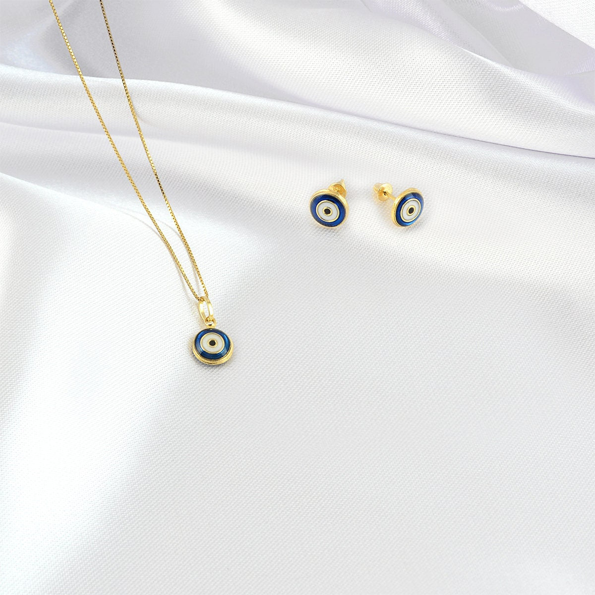 Evil Eye 18k Solid Yellow Gold Earrings | Resin, Enamel, Greek Eye, Turkish Eye, Push Backs, Stud for Women, Teen and Girls