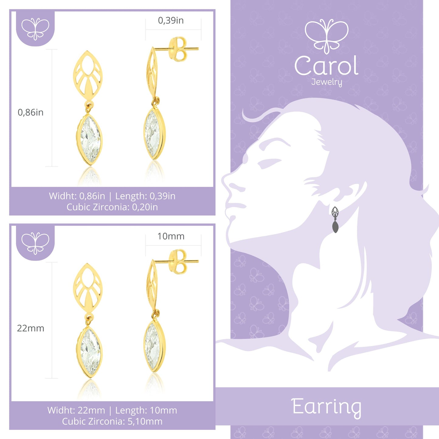 Mosaic Cubic Zirconia 18k Solid Yellow Gold Earrings | Mosaic Drop Dangle Earrings for Women