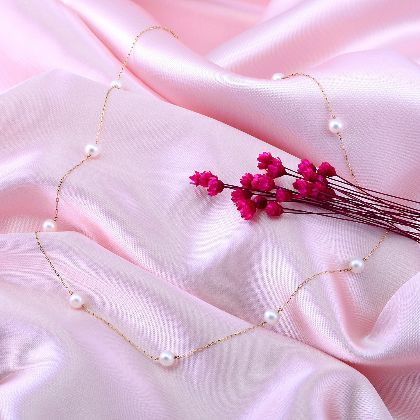 18k Solid Yellow Gold Freshwater White Pearls 6.5 mm Necklace for Women